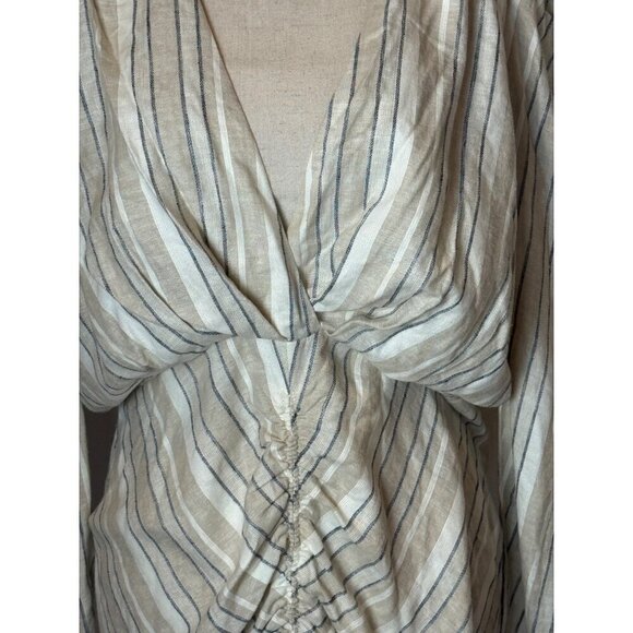 Ronny Kobo Dress Women Large Ivory Tan Striped Linen Blend Puff Sleeve Joslyn - Picture 9 of 15